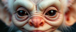 close up portrait with smooth grainy skin fine pores and real skin texture, clear transparent skin, wise eyes, hairy macho gremlin disco albino limbo