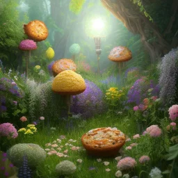 pixar style, volumetric summer garden environment and background, realistic painting of muffins, looking excited, volumetric lighting, dramatic lighting, detailed digital painting, extreme dense and fine fur, anime, ornate, colour-washed colors, elegant, small minutiae, tiny features, particulars, centered, smooth, sharp focus, renderman gofur render, 8k, uhd, detailed eyes, realistic shaded volumetric lighting, sunlight caustics, backlight, centered camera view