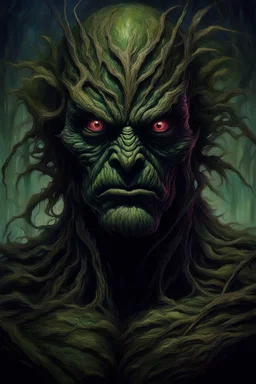 Swamp Thing, dark ball , ominous, facepaint, waist up portrait, intricate, oil on canvas, masterpiece, expert, insanely detailed, 4k resolution, retroanime style, cute big circular dark eyes, cinematic smooth, intricate detail , soft smooth lighting, soft pastel colors, painted Renaissance stylestyle