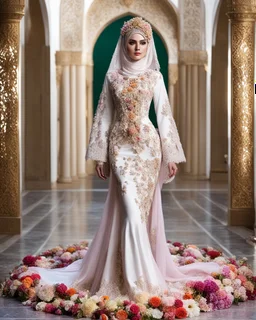 Full body Photography art ,islamic fashion show cat walk gorgeous super model Beautiful woman iranian hijab ,dressing luxury design wedding gown made of flowers ,full of various kinds of flowers,soft colors