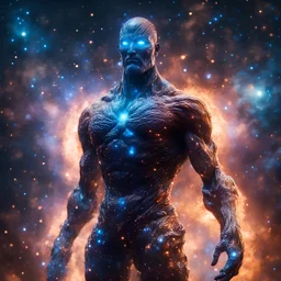 colossal godlike faceless titan figure with transparent body made of swirling galaxies and nebulae, piercing glowing blue eyes, sharp focus, high contrast, dark tone, bright vibrant colors, cinematic masterpiece, shallow depth of field, bokeh, sparks, glitter, 16k resolution, photorealistic, intricate details, dramatic natural lighting