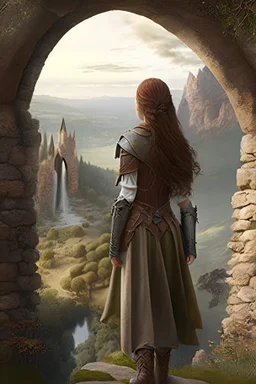 elven girl with brown hair, she wears fantasy medieval clothes, she is slim, full body with boots, view from the back, looking at a landscape through a stone arch