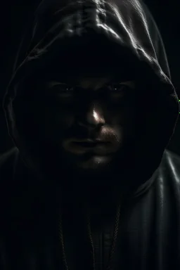 A hooded man with a devilish look. His face is not visible. He has a cross around his neck. A halo above his head. It is important that it is smooth! Dark tone image.