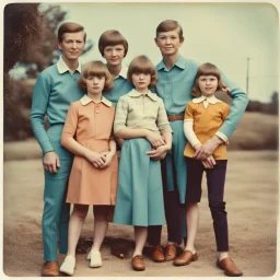 awkward family photo, all wearing the same type of clothes, 1960s, polaroid colors