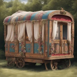 Old fashioned gypsy wagon decorated, curtains fluttering in the wind,