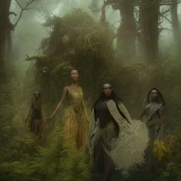 4K. Ultra real photo.three black women. Three Dark skin black women .three women. A mother. Two black daughters . A mother with her children. three young black women. wood nymphs emerging from the forest. Her hair looks like vines. Dreadlocs. Her skin is the colour of dark soil. Her skin looks like tree bark. Her clothing is made of vines, grass and leaves.