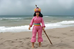 [1960’s stop-motion animation style on the beach the overcast sky in the background] a 70s advertisement video TV featuring A surprised Nomadic samurai woman, 24-years-old wearing a pink one-piece swimsuit , poised on hands and knees as a claymation character toy from a claymation horror movie in burning rainbow land, from hell, creepy Videos, eyeballs and trees everywhere , as old advertisement shot on video VHS