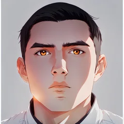 mysterious youthful Russan male, man,A man's face, dark and intriguing, confident, intense, handsome, anime style, retroanime style, cool style, dark black short hairs, Caesar cut style hairs, white shirt, full orange paint background, white man, black brown eyes, middle lips, A small smile, The head looks straight ahead