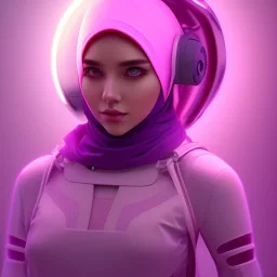 Cute girl face in hijab, Sci-fi character, purple backlight, pink and purple, scifi suit, profile, purple background, pink lighting