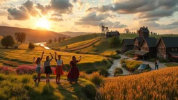 a group of young people are dancing to camera in village center squre over high grassy hills,a small fall and river and wild flowers at river sides, trees houses ,next to Ripe wheat ready for harvest farm,windmill ,some people standing looking the dancers,a few village local shops ,cloudy sun set sky