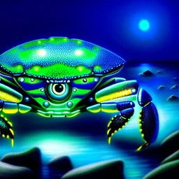 ultra detailed fullbody Drawing of a Cyborg alien metallic Gigantic Blue Crab on the shore ,with glowing Green eyes, extremely detailed digital painting, intrincate, extremely detailed face,crystal clear Big eyes, in the style of Pixar , mystical colors , perfectly centered image, perfect composition, rim light, beautiful lighting, 8k, stunning scene, raytracing