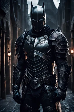 dark knight medieval, Held in der dunlken stadt, photo, metall carbon rüstung mit vielen details,8k, dunkle licht stimmung, Rose in der Hand