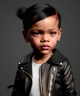 Rihanna toddler, full body, leather jacket, soft skin, dramatic lighting, hyper realistic