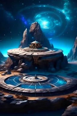 Meditation round podium , MAGIC rocky cliff, Palace carved into the rock, galaxy, infinity, space, sci-fi. , cosmos , space, for meditation , the most beautiful places ,
