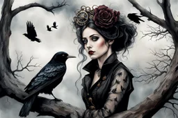 hyper realistic watercolor art style with ink of a steampunk gothic style young woman. She is like doll with pale skin, big dark eyes, tiny nose, tiny mouth, dark hair in gothic dress sitting on a dry tree branch. deep, dark colors, her face is melancholic, surreal with mysterious elements. fog, barren landscape, crows in the gray sky, thriller, weird style, smooth blending, extremely detailed, realistic textures, cinematic, dramatic lighting