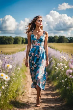 fullbody girl makeup wearing a floral midi dress walking in country side ,flowers ,pretty clouds in blue sky