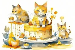 beautiful composition, cat birthday party with cake, watercolor and ink, golden glitters in ochre in sunshine