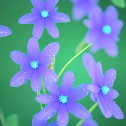 There are many green pointed tender leaves on the flower branches, many crystal clear lavender flowers, and translucent petals curled around its wet flower center. There are crystal dew on the flowers. The hazy gray blue background is clear, and several transparent snowflakes are falling,HD --ar 9:16