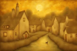 Nostalgia-evoking, breathtaking surreal masterpiece, channeling Sam Toft, Gustav Klimt, Andy Kehoe, Amanda Sage, features a quaint village scene bathed in setting sun's golden hues, painted textures conjuring yesteryears, fusion of folk art, sharp focus, studio photo, intricate details, artstation trending, highly detailed, Greg Rutkowski signature style, golden hour lighting, Modifiers: beautiful very cute visually breathtaking beautiful