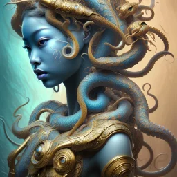 Sango fantasy, fantasy magic, intricate, sharp focus, illustration, highly detailed, digital painting, concept art, matte, art germ and Paul Lewin and Kehinde Wiley, masterpiece Japanese dancer head bronze octopus' Asian African girl nice breast Thai hair turquoise silver blue under water