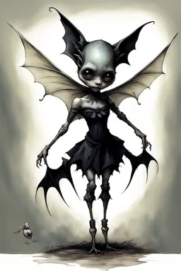 Artist Jean-Baptiste Monge style. A humanoid biomechanical Black bat-flower headed Baby with white eyes and a black dress. Modifiers: award winning crisp quality very cute