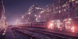 train passing downtown big city in christmas night, snow flakes, many three, Christmas decoration, Christmas light, high contrast, best quality, 8k, hight detailed, 3d, render, lumion, shooting star