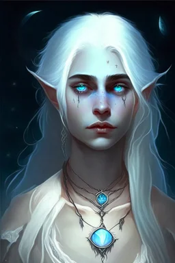 hauntingly beautiful character for dnd, young woman with white hair and blue eyes, angel, with moon necklace, vampire