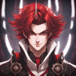 A headshot of a smirking, handsome, male medieval villain in his late 20's, he radiates raw dark power, wearing red and black leather fantasy armor, anime style, dark medieval background, intricately detailed