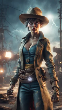 flashy magazine cover illustration, fallout 4 docks setting, horror weird cowboy wizard alien in female garments, getting hit by lightening electric arc, with big disturbed eyes,bokeh like f/0.8, tilt-shift lens 8k, high detail, smooth render, down-light, unreal engine, prize winning