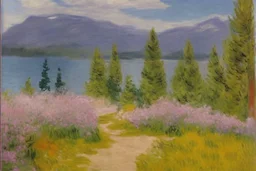 Mountains, lake, flowers, pathway, pine trees, clouds, edouard manet impressionism painting