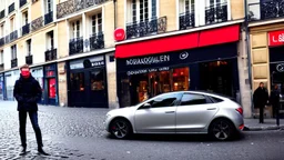 A Tesla's 'Model S Plaid' is doing donuts, by the 'Sacre Coeur', in Paris. CINEMATIC. WIDE ANGLE LENS. PHOTO REAL.