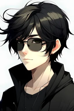 Anime boy with black hair, black clothes and sunglasses