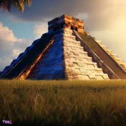 Chichen Itza, sunset, rainbow sunset, waterfall palms twigs spring sunset rainbow bridge birds unreal engine 5, cinematic lighting, realistic, hyper detailed, 8k, octane render