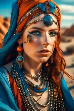 Portrait of Arabic girl on the desert, in turban, heavy makeup, loads of jewellery, painted by artistic paintbrush in style of mosaics of Antonio Gaudi