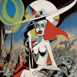 Hush! Mamma's gonna make all of your nightmares come true, gonna put all of her fears into you, archetype of the smothering wicked mother, style by Gerald Scarfe and Yves Tanguy, album art, deep colors, sinister dreamscape, spectrum elements, dramatic depth of field, uncanny valley.