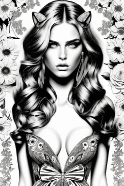 hyper detailed, black and white, thick line, coloring book illustration, lineart, stunningly beautiful woman in flowers with kitty