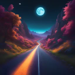 A luminescent Road to the Moon!!!! With a Lonely Man,colorful8k resolution concept art, Greg Rutkowski,SIXMOREVODKA, pastel color, Nighttime Lighting, digital illustration, 4K, Hyperdetailed, Intricate Details, 3D shading, Art of Illusion
