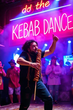 An "Kebab man" performing at dance club, his name is "Kebab man" and looks crazy, Kebab rolls in folie on stage, Neon lights and smog, "do the KEBAB DANCE" SIGN ON WALL
