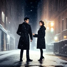 man wearing a trench coat, speaking to a woman in an alleyway, snowy streets of new york at night, dramatic, dramatic lighting, volumetric lighting, hyperrealism, 8k, high quality, photorealistic, lot of details