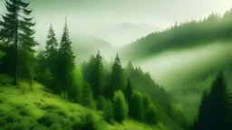 Green mountains with green pine trees and light green fog
