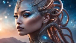 gorgeous female humanoid alien, double exposure, silver skin, slender muscular warrior looking over her shoulder at the sky, tentacles, copper-zinc orichalcum jewelry and piercings, beautiful face, mesmerizing starry eyes, smooth translucent skin, hourglass, glowing, glare, size DD.