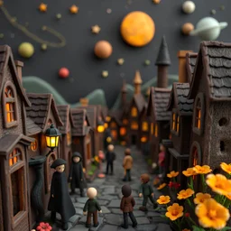 Detailed people, creepy street made of modeling clay and felt, village, stars, galaxy and planets, sun, volumetric light flowers, naïve, Tim Burton, strong texture, extreme detail, Yves Tanguy, decal, rich moody colors, sparkles, Harry Potter, bokeh, odd