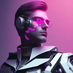 handsome, cute man, handsome man in futuristic suits, black and white highlight hair color, pink and purple background, pink lighting, deep purple backlighting, gun, smoke, robot suits