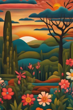 paisaje con flores, arboles, puesta de sol estilo Frida Kalo.