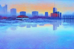 Futuristic cyberpunk building foreground, frozen lake, impressionism painting