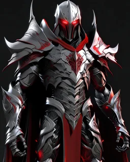 silver metal demon armor with crimson trim, glowing red eyes, long crimson cape