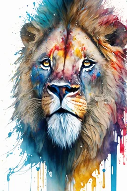 "lion", clean design, art station, splash of colorful paint, contour, ((solid white background)), gazing into camera, hyperdetailed intricately detailed, unreal engine, fantastical, intricate detail, splash screen, complementary colors, fantasy concept art, 8k resolution, DeviantArt masterpiece, watercolor, paint dripping