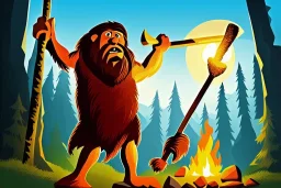 caveman holding a club, cave, cave bear, campfire, stone age, abstract art, masterpiece, mellow, dawn, trending on artstation,