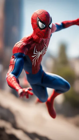 spider man jumping competing in downhill, bokeh like f/0.8, tilt-shift lens 8k, high detail, smooth render, down-light, unreal engine, prize winning