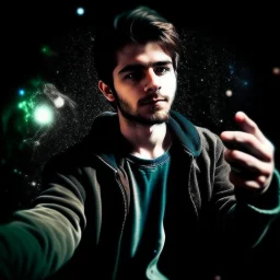 A man with determination who holds all the galaxies in his hand and stares at them